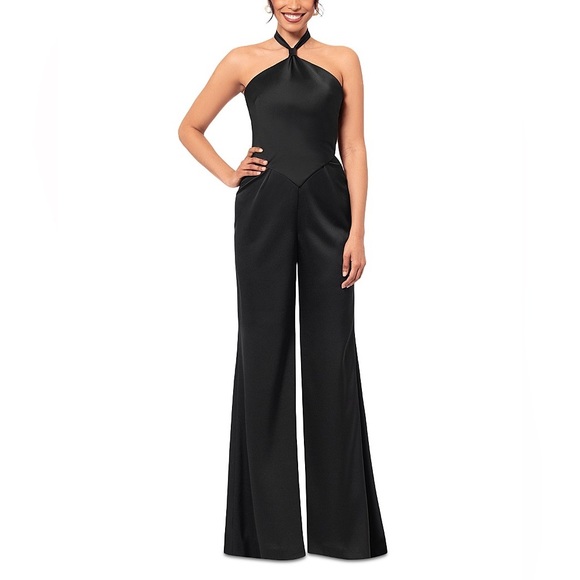New - AQUA Halter Wide Leg Satin Jumpsuit in Black